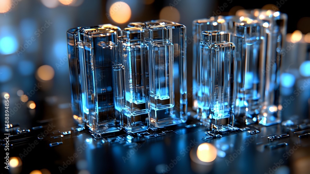 Poster crystal clear glass blocks illuminated by blue light creating modern architectural shapes with bokeh