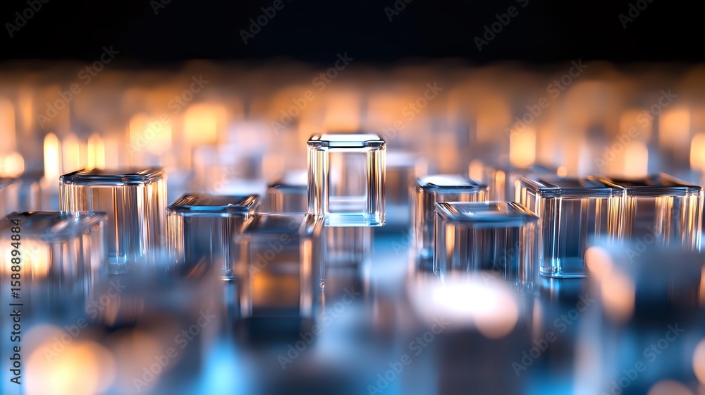 Poster glowing glass cubes on reflective blue surface with bokeh lights creating futuristic abstract backgr