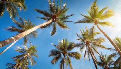 Fototapeta premium palm tree tops against blue sky on a sunny day