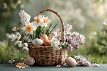 Spring floral basket with daffodils, lilacs, and decorated easter eggs