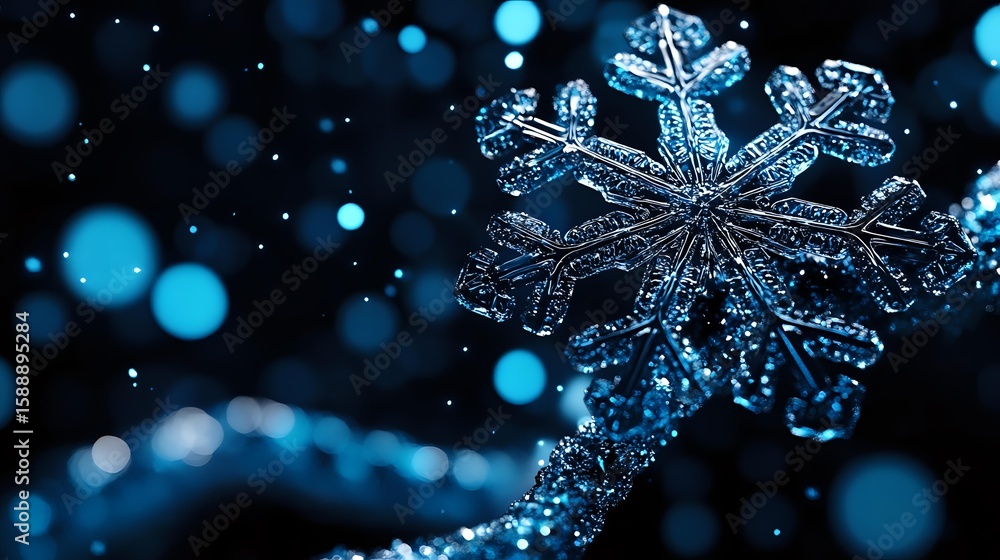 Poster macro photography of natural snowflake crystal with intricate patterns and branches against dark bac