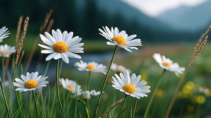 Beautiful Daisies Blooming in a Serene Meadow Landscape During Golden Hour Light
