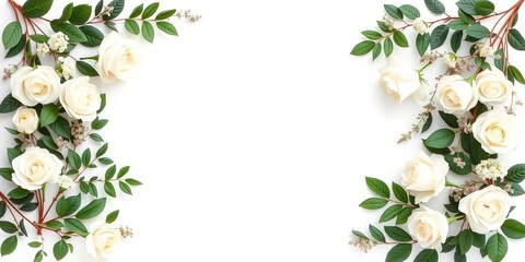 Naklejka premium Elegant white rose & greenery floral border frame on white background , floral frame, blossom