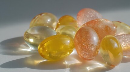 Group of small, round, amber-colored pills scattered on a white surface. the pills are of different sizes and shapes, with some being round and others being oval-shaped.
