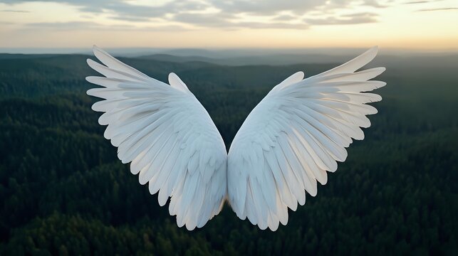 White angel wings spread against dramatic forest landscape and sunset sky background, symbolizing freedom, spirituality and hope. Artistic nature photography composition. - Powered by Adobe