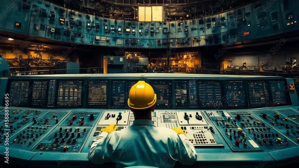 Aufkleber an operator oversees a complex control panel in a power generation facility, surrounded by multiple 