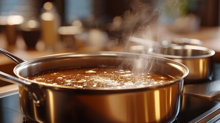 Close-Up of Boiling Saucepan with Steam Rising in a Cozy Kitchen Setting