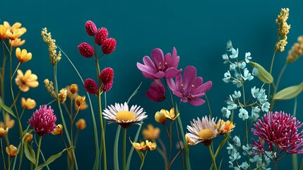 Colorful Floral Arrangement with Various Flower Species Against a Teal Background