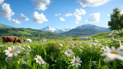 Scenic mountain landscape with grazing cows in alpine meadow filled with blooming daisies, snow-capped peaks and fluffy clouds in summer sky. For travel and nature designs.