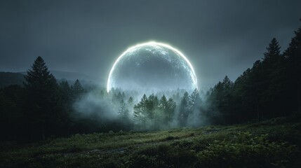 Enigmatic Night Scene with Glowing Moon over Forest Landscape