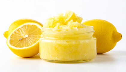 Jar of lemon scrub and fresh citrus. Organic cosmetic product. Beauty and skin care concept.