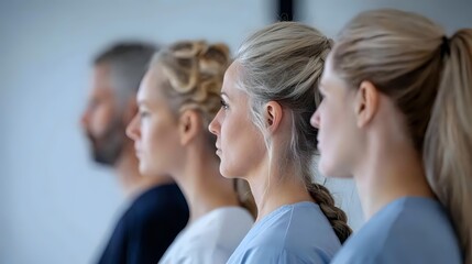 Professional team members in profile view standing in line against white wall, wearing casual business attire, focused on presentation or training session.