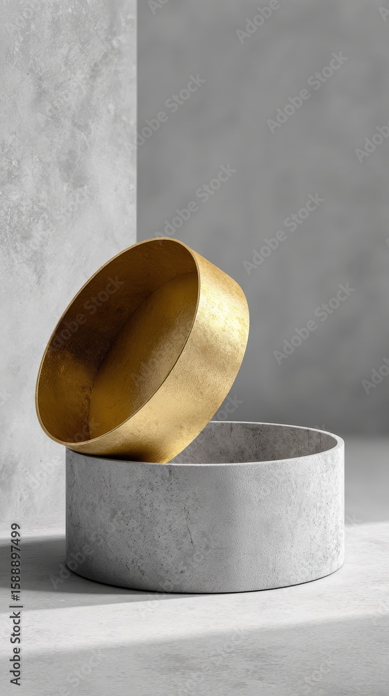 Poster minimalist concrete and gold decorative container with an open lid displayed on a textured gray surf