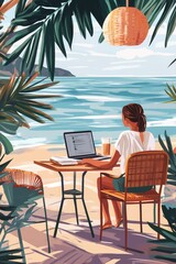 Illustration of a relaxed digital nomad seated at an outdoor table at a beachside cafe, working on a laptop with the ocean in the background.