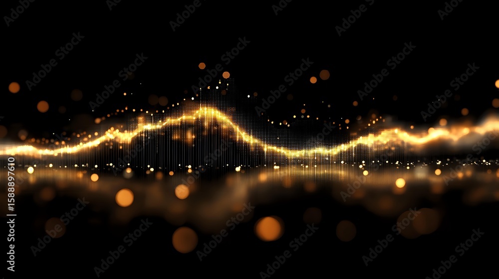 Poster glowing golden wave with sparkling particles and bokeh effects on black background, creating magical