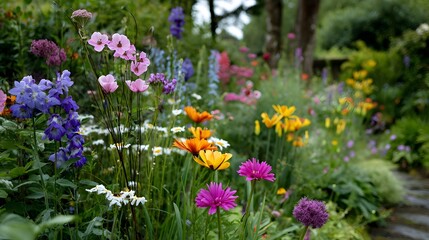 Vibrant Flower Garden Filled With Colorful Blooms in a Lush Green Landscape During Summer