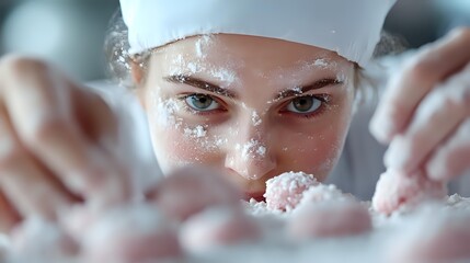 Young female pastry chef with flour on face peeks through fresh dough while baking in professional kitchen, close-up portrait showing passion for culinary arts.