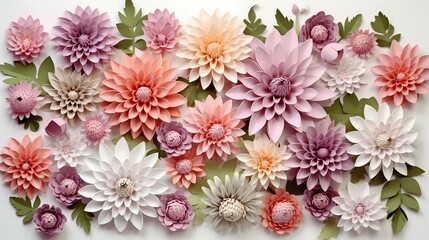 Delicate paper flowers in soft pink, coral, and purple shades arranged on white background with green foliage creating romantic floral composition. Handcrafted dahlia blooms.