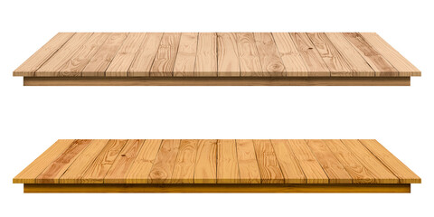 Empty perspective brown wooden board mock up display as counter bar or shelf on transparent...