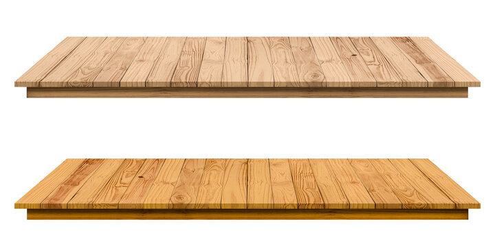 Empty perspective brown wooden board mock up display as counter bar or shelf on transparent background. Procress for PNG file.