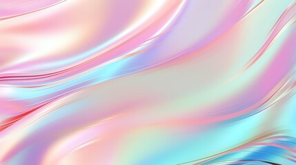 Obraz premium Smooth flowing waves in soft pastel colors create dreamy holographic effect with pink, mint and blue iridescent gradients merging into ethereal abstract background.