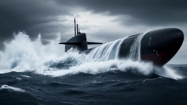 A powerful military submarine surfaces in a dramatic, stormy sea with huge splashing waves, representing naval force, advanced technology and international conflict