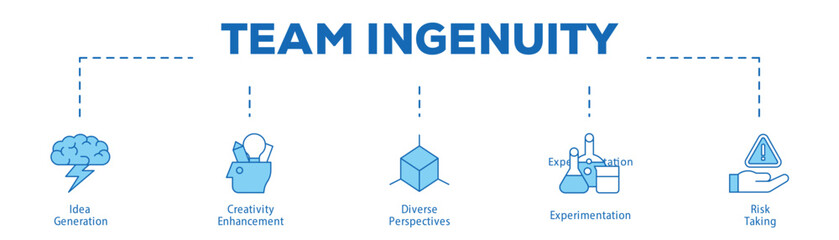 Team Ingenuity infographic icon bluetone flow process which consists of Idea Generation, Creativity Enhancement, Diverse Perspectives, Experimentation, Risk Taking.