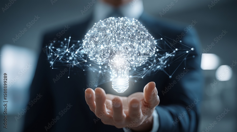 Poster man in suit presenting digital brain integrated with a glowing lightbulb using neural network techno