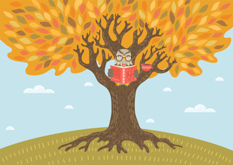 Autumn. Owl reads book on big tree. Children illustration, literature, storytime, education concept.