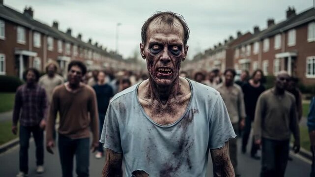 Scary zombie with decaying flesh leading a horde of the undead down a desolate suburban street, a perfect scene for themes of horror, apocalypse, pandemic, and survival