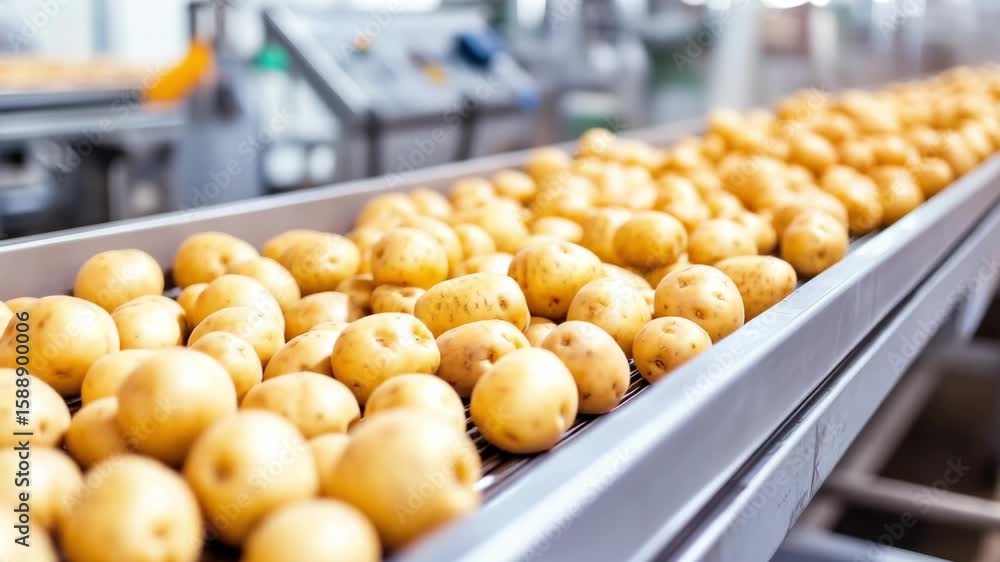 Aufkleber process of sorting potatoes on a conveyor belt in a processing facility while using modern equipment