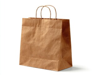 A light brown paper shopping bag with twisted paper handles stands upright against a white background, casting a subtle shadow