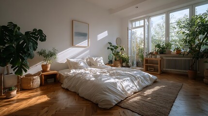 White serene bedroom with made bed, blank canvas leaning against the wall, and open area for adding headlines, product visuals or editorial content layout.