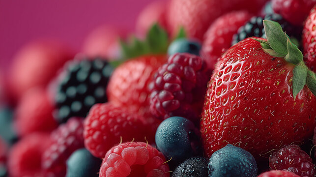 Bright close-up of juicy fresh berries: strawberries, raspberries, blackberries and blueberries with drops of moisture on the surface, against a pink background.
