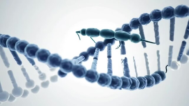 Clean 3D scientific animation of DNA replication, with the helicase enzyme unzipping the double helix. Seamless loop on a bright white background.