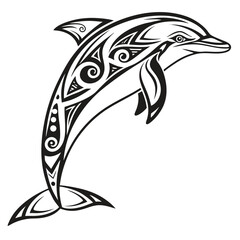 Maori style dolphin jumping with tribal patterns isolated