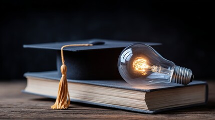 Obraz premium Academic illumination: A symbolic representation of knowledge, innovation, and learning with a graduation cap, book, and bright light bulb