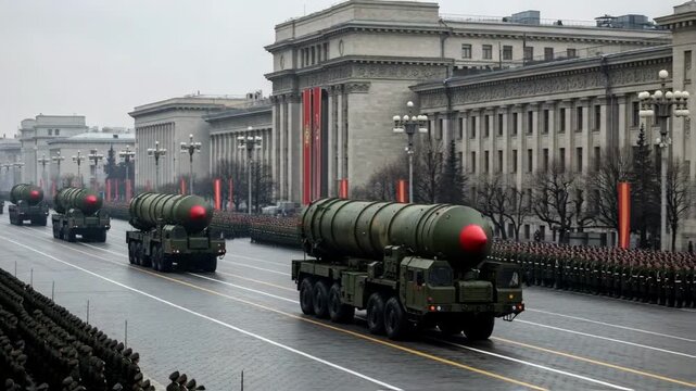 Strategic missile launchers driving down a city street during a military parade with marching soldiers, demonstrating national power, defense, and military technology