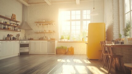 Sun-Drenched Retro Kitchen with Yellow Refrigerator and Brick Walls