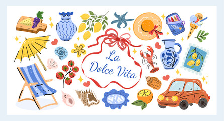 La Dolce Vita Set a bright hand-drawn vector collection inspired by Italian summer, featuring lemons, cheese, wine, sea motifs, a vintage car, sun and seaside vacation vibes. 