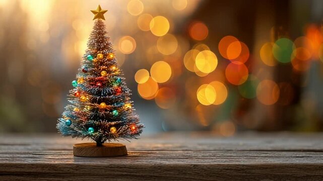 fondo navide&ntilde;o alegre con luces coloridas tipo bokeh en el fondo y arbol de navidad iluminado con luce brillantes y estrella dorada en primer plano sobre tabla de madera rustica, con espacio vacio