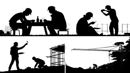 Silhouettes of workers during different times of day or breaks.
Includes workers sitting to eat lunch, stretching, drinking water, checking phones, talking, or watching a sunset from the site. Though 