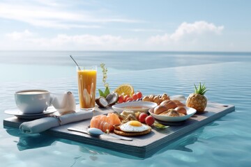 Luxurious tropical breakfast on floating tray by infinity pool overlooking ocean