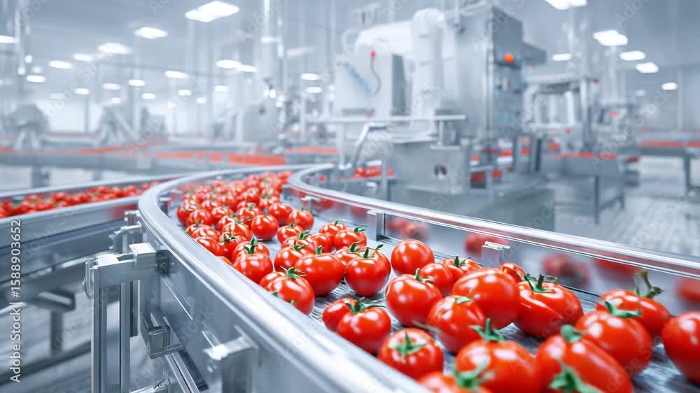 Aufkleber tomatoes travel along a conveyor belt in a high tech facility featuring automated machinery designed