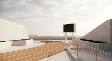 Obraz premium Elevated Track with Minimalist Architecture and Electronic Scoreboard, Modern Running Track Featuring Clean Design and Desert Backdrop