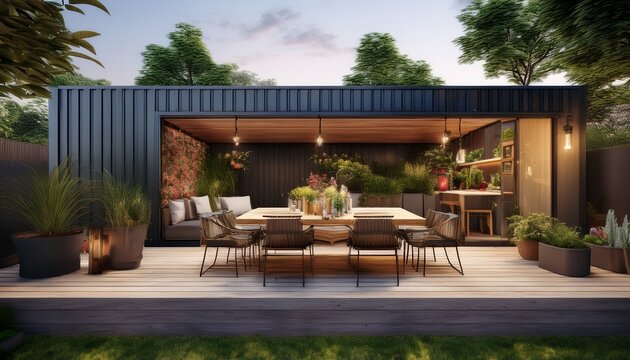 exterior container dinning area in backyard 3d render