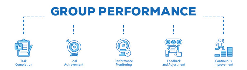 Group Performance infographic icon bluetone flow process which consists of Task Completion, Goal Achievement, Performance Monitoring, Feedback and Adjustment, Continuous Improvement.