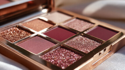 Close up of glittery and matte eyeshadow palette with pink and rose gold shades, creating glamorous and elegant makeup look