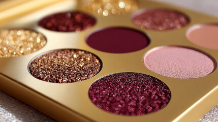Glittery and matte eyeshadow palette with warm pink and burgundy shades creating glamorous makeup look