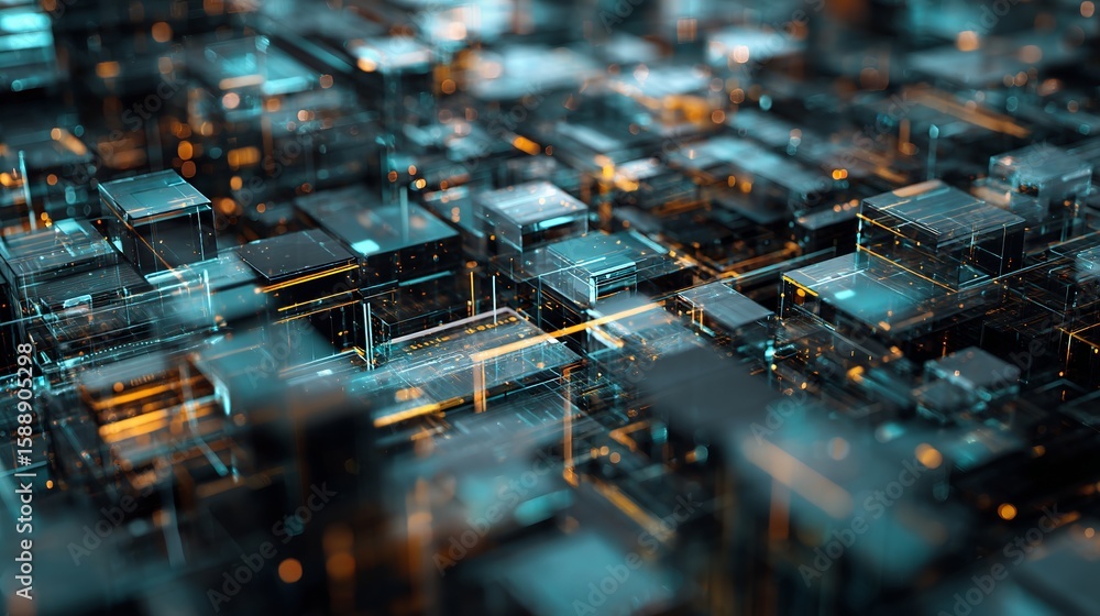 Poster abstract futuristic network showcasing data flow with metallic elements, glowing lines, and geometri